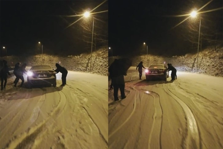 Buz pistine dönen karlı yolda sürücüler zor anlar yaşadı