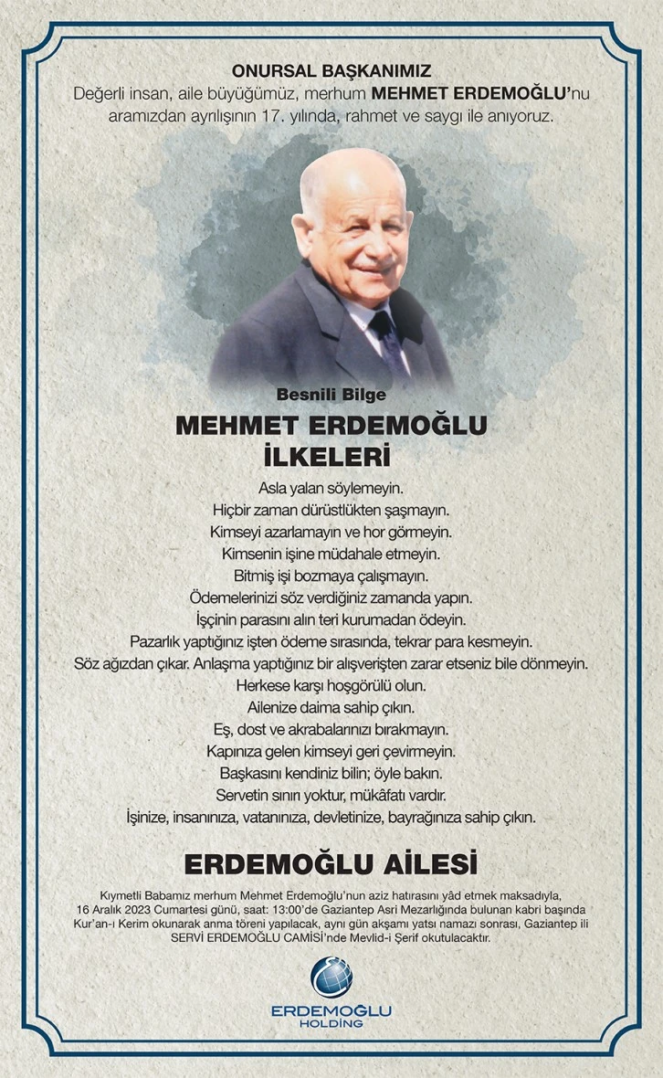 ERDEMOĞLU HOLDİNG ANMA İLANI