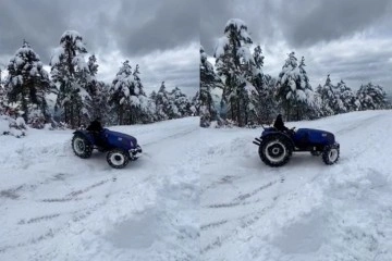 Kar sevincini traktörü ile ‘Drift’ yaparak yaşadı
